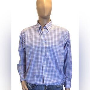 Izod Mens Size L Button Down Shirt Blue Plaid Long Sleeve Casual Stretch